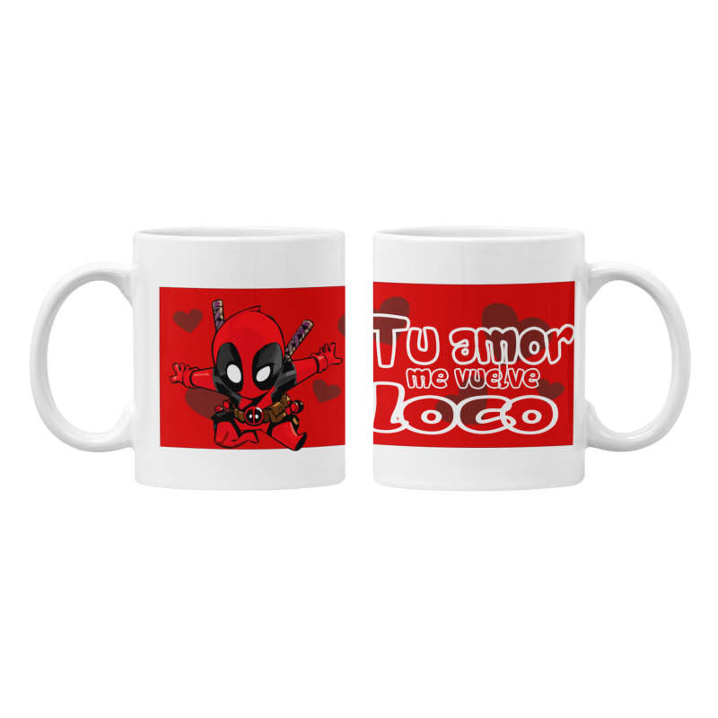 Taza Deadpool Tu amor me vuelve loco blanca