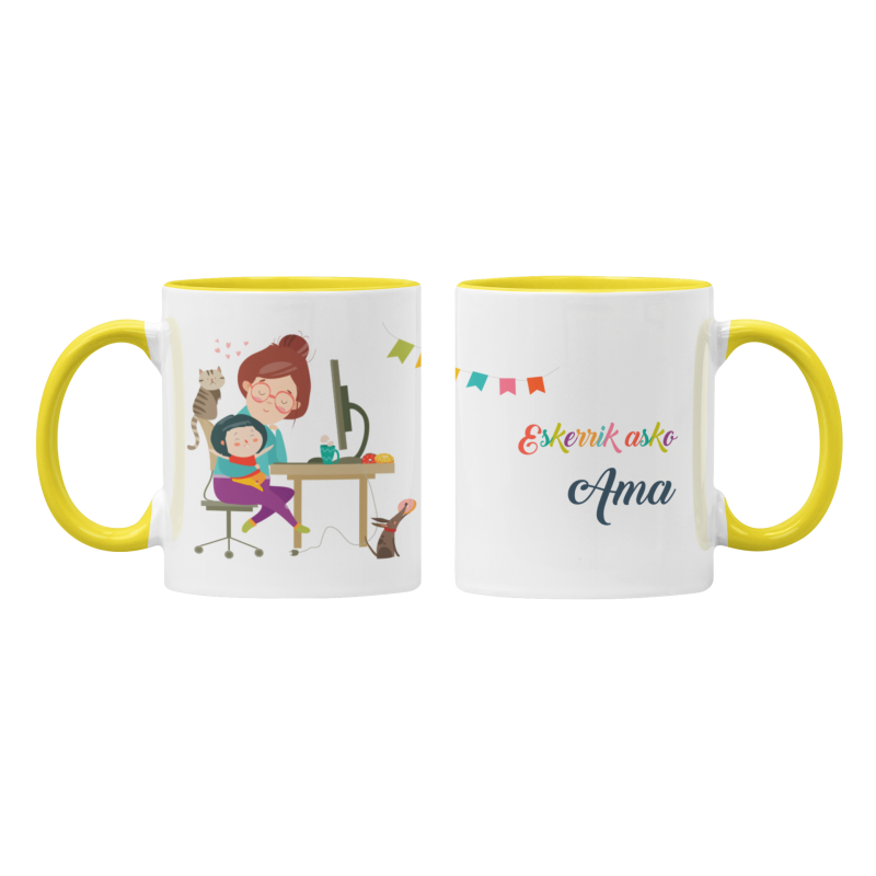 Taza Eskerrik asko Ama Teletrabajo amarilla